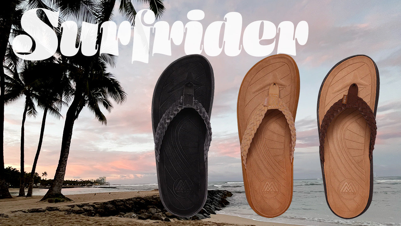 Homepage banner showcasing malibu Sandals Surfrider woven flip flop over a beach background with Surfrider text on the top